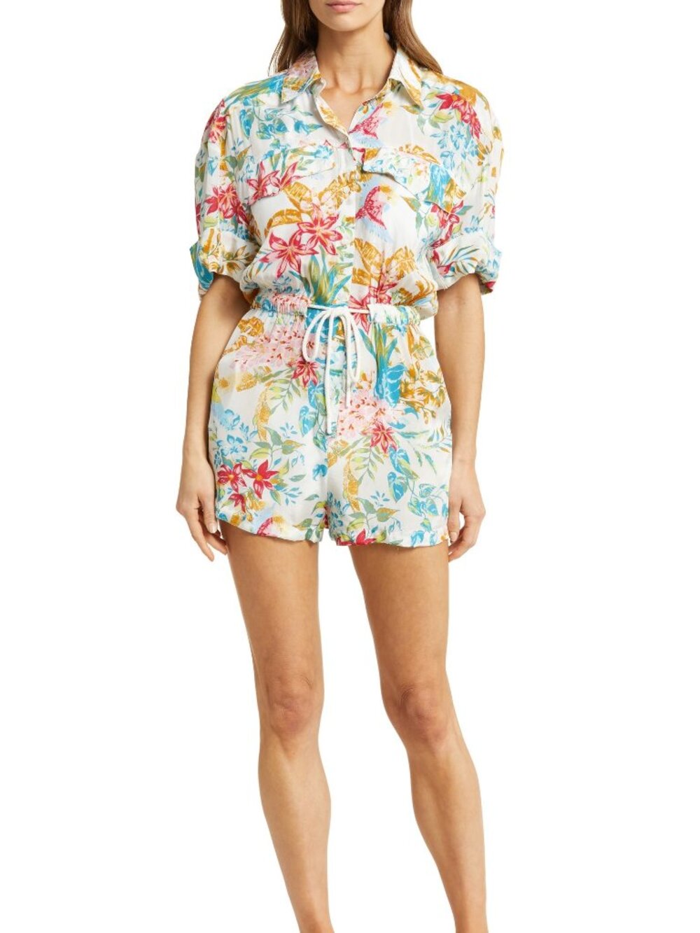 Elan Women's Floral Drawstring Waist Cover-Up Romper in Natural Paradise Print M